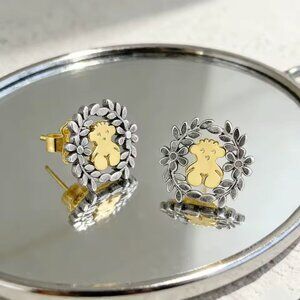 TOUS S925 Gold Black Wreath Silver Bear Mini Hoops Pin Earrings